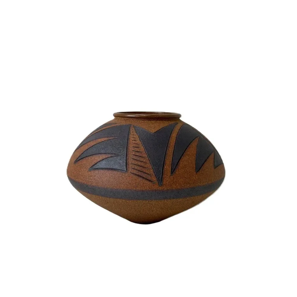 Vintage Steve Dominguez Vase Mid Century Geometric Design Brown Stoneware Vessel